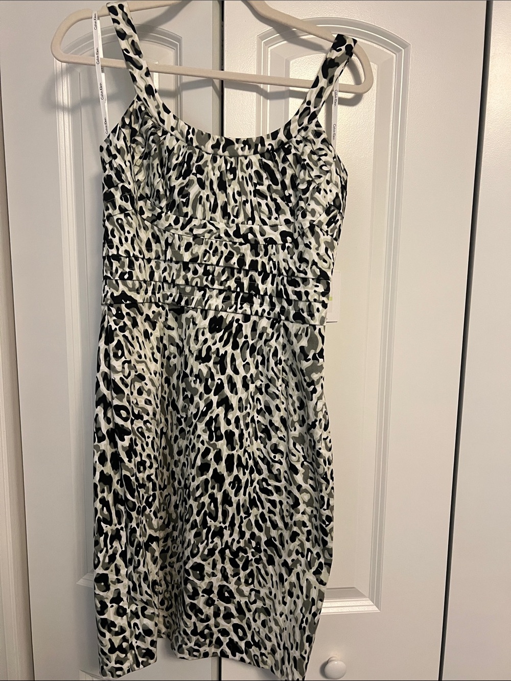 Calvin Klein Black and White Leopard-Print Spaghetti Strap Mini Dress